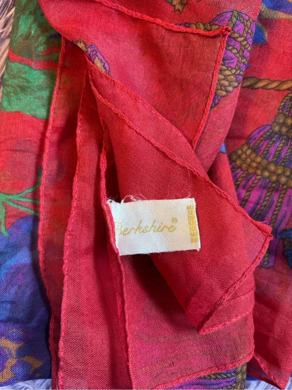 Berkshire Red Floral Tassel Print Scarf with Green and Blue Accents